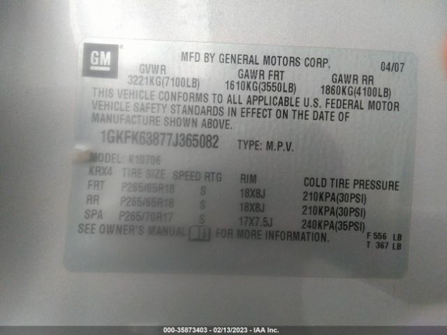 1GKFK63877J365082 GMC YUKON DENALI