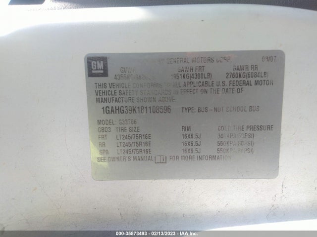 2008 CHEVROLET EXPRESS PASSENGER VIN: 1GAHG39K181108596