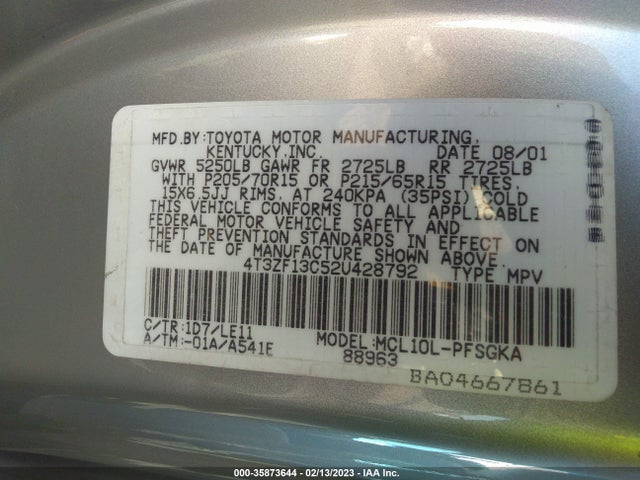 2002 TOYOTA SIENNA LE/XLE VIN: 4T3ZF13C52U428792