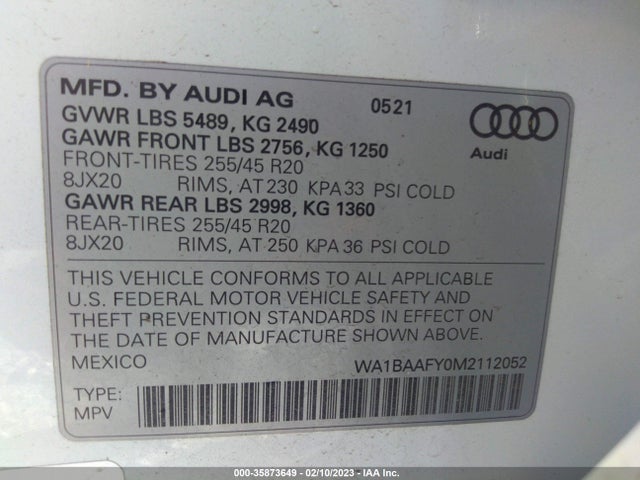 2021 Audi Q5, VIN: WA1BAAFY0M2112052