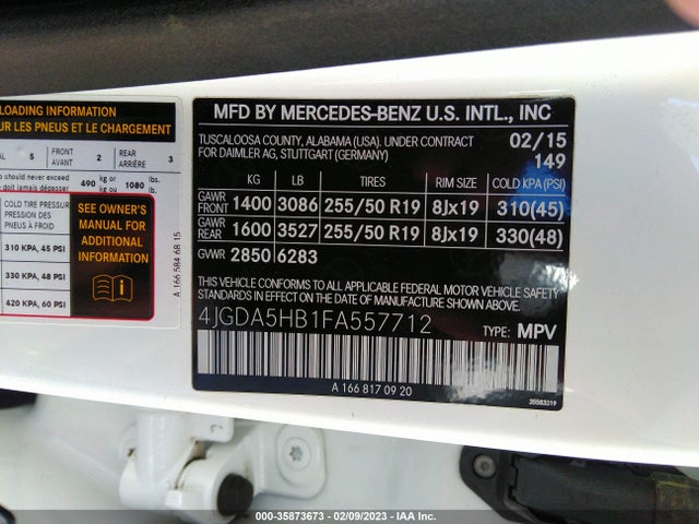 2015 Mercedes-Benz M-Class, VIN: 4JGDA5HB1FA557712