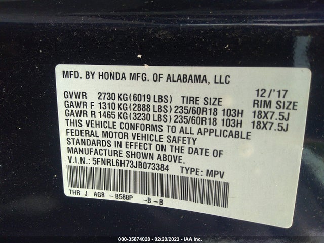 2018 Honda Odyssey, VIN: 5FNRL6H73JB073384