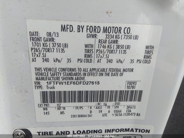 2013 FORD F-150 XL/XLT/FX4/LARIAT VIN: 1FTFW1EF6DFD27615