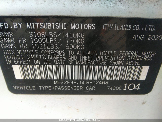 2020 MITSUBISHI MIRAGE G4 ES VIN: ML32F3FJ5LHF12468