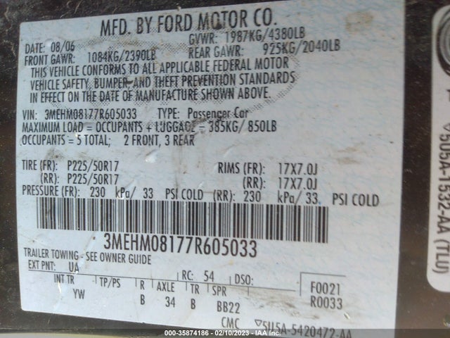 2007 MERCURY MILAN PREMIER VIN: 3MEHM08177R605033