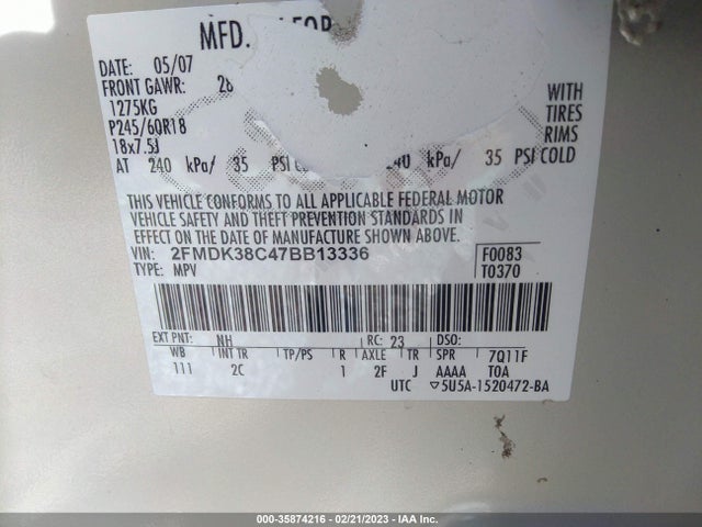 2007 FORD EDGE SEL VIN: 2FMDK38C47BB13336