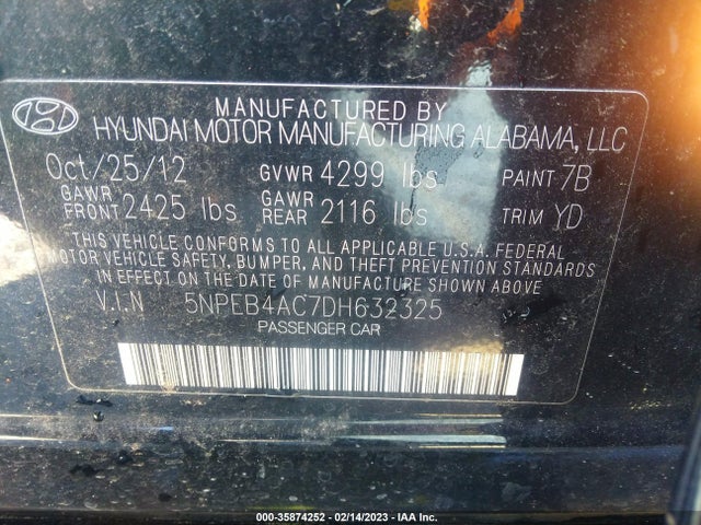 2013 HYUNDAI SONATA GLS VIN: 5NPEB4AC7DH632325