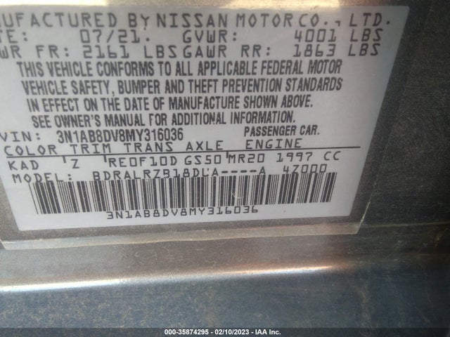 2021 NISSAN SENTRA SR VIN: 3N1AB8DV8MY316036