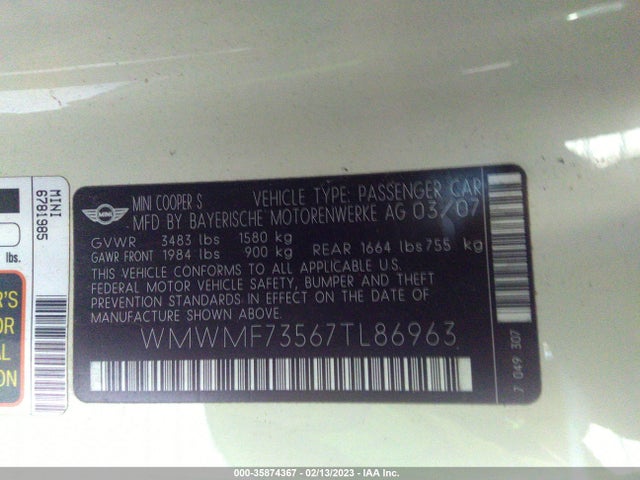 WMWMF73567TL86963 Mini Cooper Hardtop S