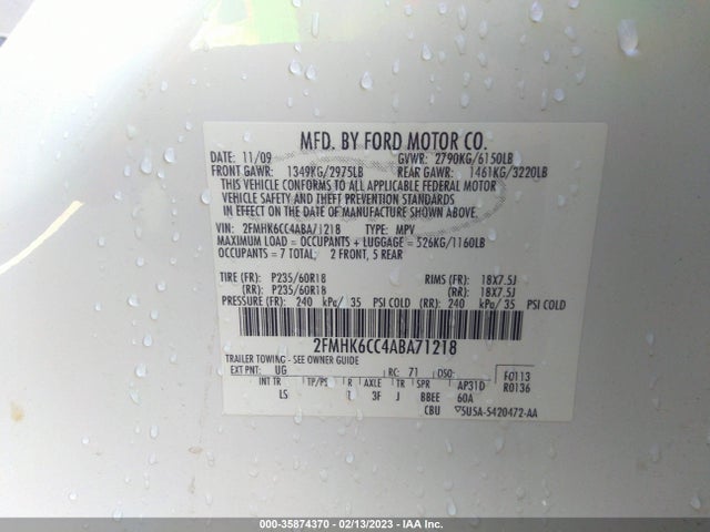 2010 FORD FLEX SEL VIN: 2FMHK6CC4ABA71218