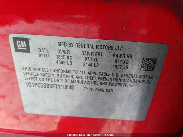 2015 CHEVROLET CRUZE LT VIN: 1G1PC5SB3F7110048