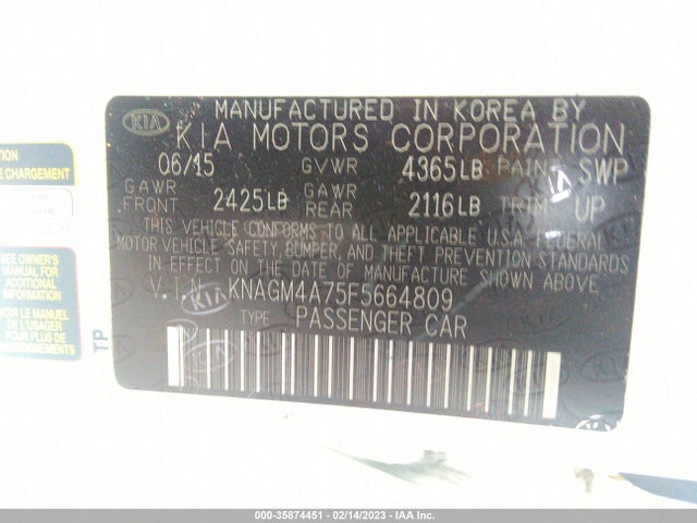 2015 Kia Optima, VIN: KNAGM4A75F5664809