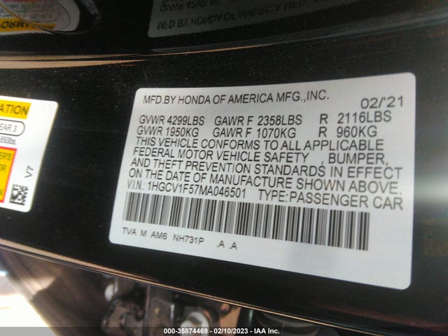 2021 HONDA ACCORD SEDAN EX-L VIN: 1HGCV1F57MA046501