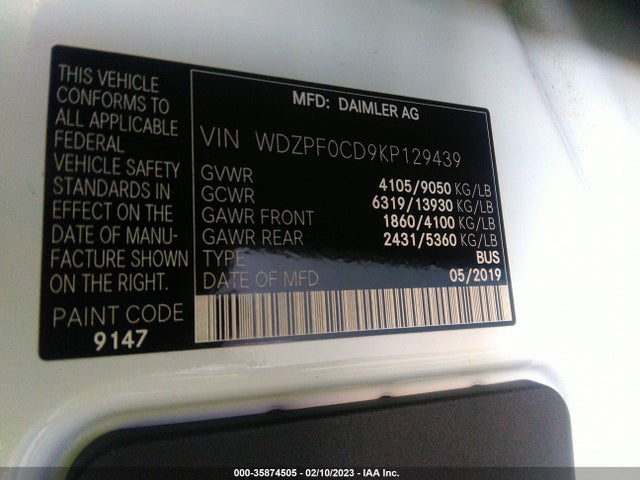 Mercedes-Benz SPRINTER PASSENGER VAN 2019 WDZPF0CD9KP129439 Image 11