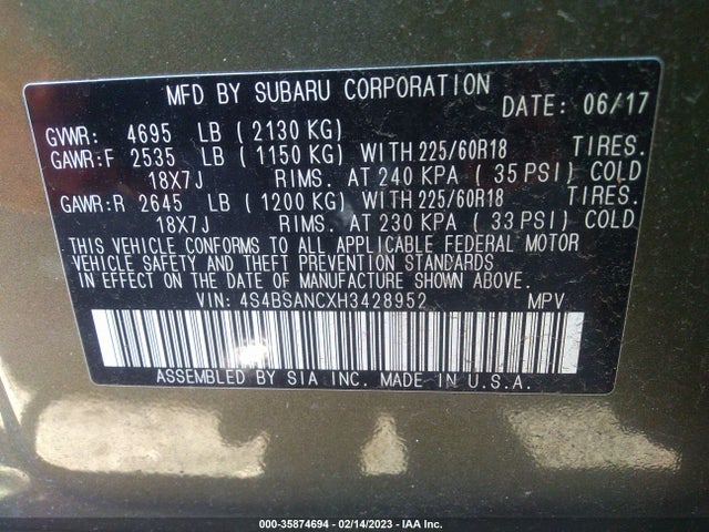 2017 Subaru Outback, VIN: 4S4BSANCXH3428952