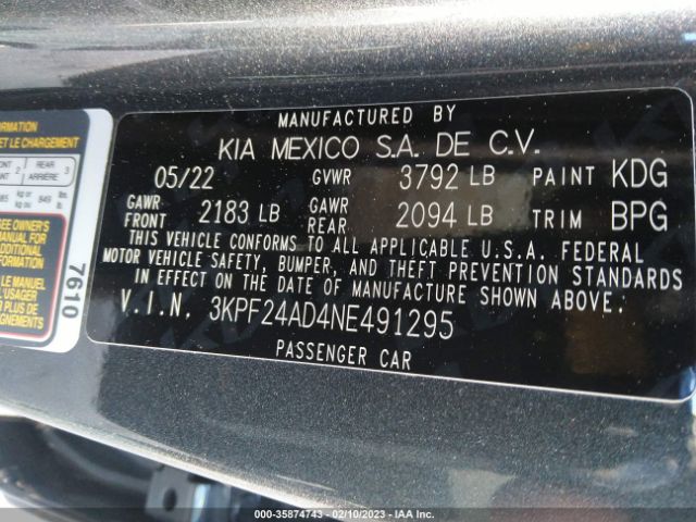 3KPF24AD4NE491295 KIA Forte Lxs