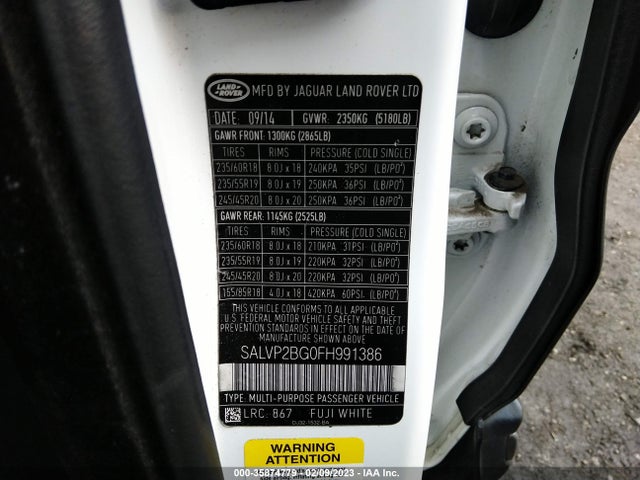 Продаж на аукціоні авто 2015 Land Rover Range Rover Evoque Pure Plus, vin: SALVP2BG0FH991386, номер лоту: 35874779