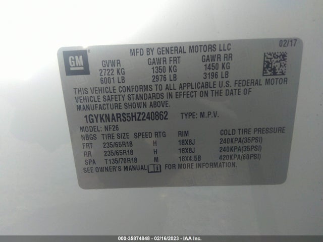 1GYKNARS5HZ240862 Cadillac Xt5 Fwd