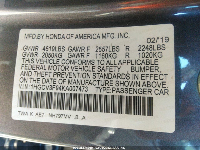2019 HONDA ACCORD HYBRID VIN: 1HGCV3F94KA007473