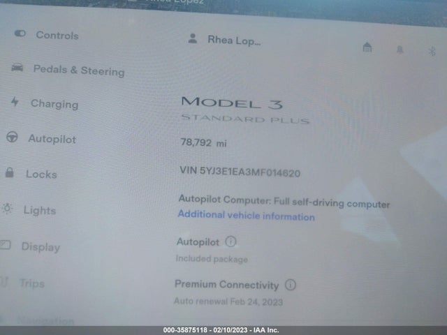 2021 TESLA MODEL 3 STANDARD RANGE PLUS VIN: 5YJ3E1EA3MF014620