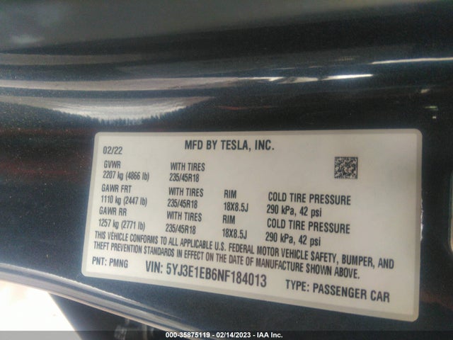 Tesla Model 3 Long Range 2022 5YJ3E1EB6NF184013 Image 9