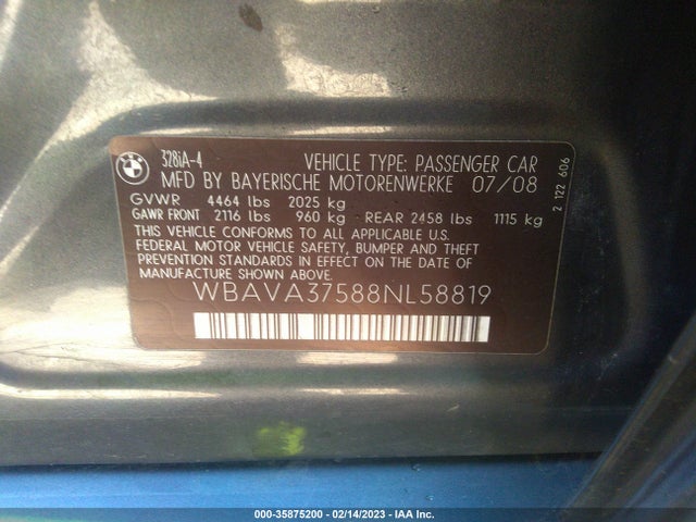 BMW 3 Series 328i 2008 WBAVA37588NL58819 Image 10
