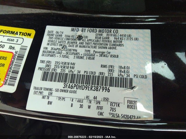 Ford FUSION SE 2014 3FA6P0HD9ER387996 Image 9