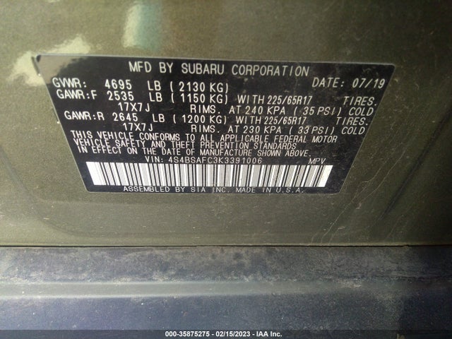 2019 Subaru Outback, VIN: 4S4BSAFC3K3391006