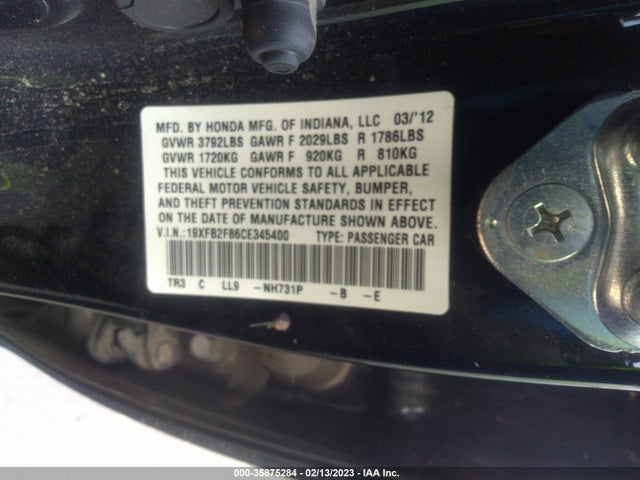 2012 HONDA CIVIC SDN EX VIN: 19XFB2F86CE345400