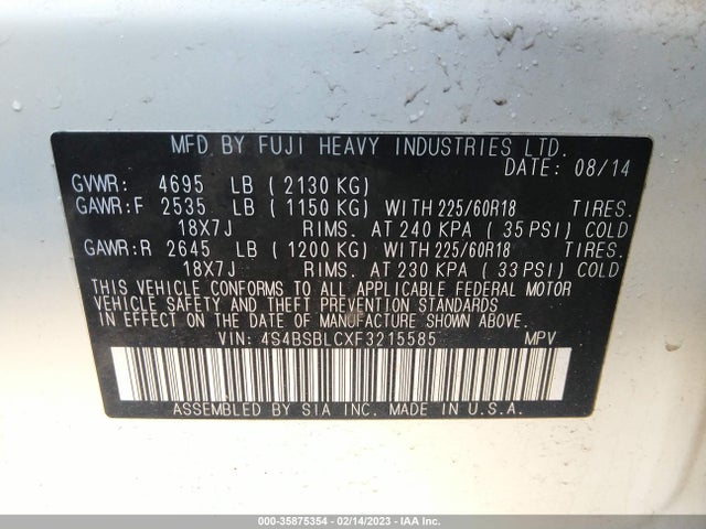 2015 SUBARU OUTBACK 2.5I LIMITED VIN: 4S4BSBLCXF3215585