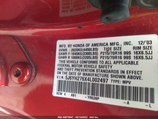 Honda ELEMENT EX 2004 5J6YH276X4L002497 Image 10