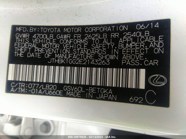 2014 LEXUS ES 350 VIN: JTHBK1GG2E2143263