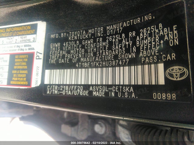 2017 TOYOTA CAMRY XLE/SE/LE/XSE VIN: 4T1BF1FK2HU387477