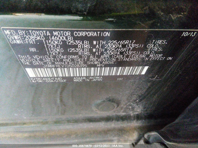 2013 TOYOTA RAV4 XLE VIN: JTMRFREV1D5028395