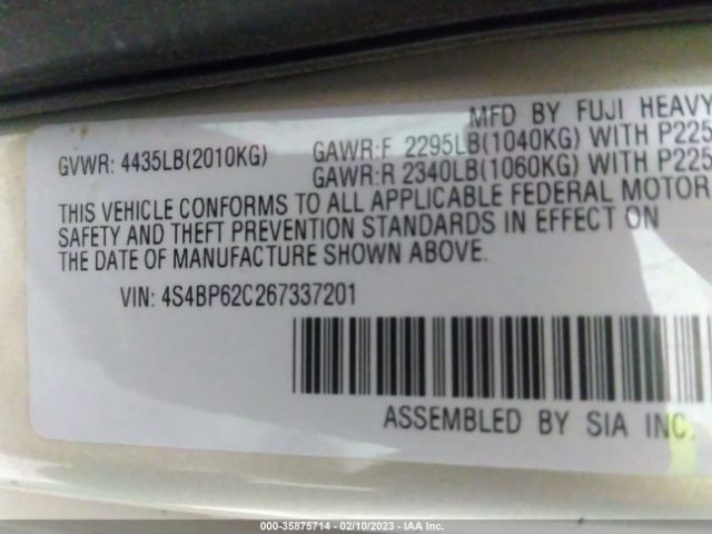 4S4BP62C267337201 Subaru Legacy Wagon Outback 2.5i Ltd