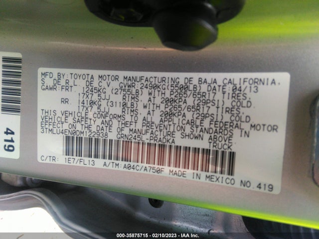 2013 TOYOTA TACOMA VIN: 3TMLU4EN0DM122938