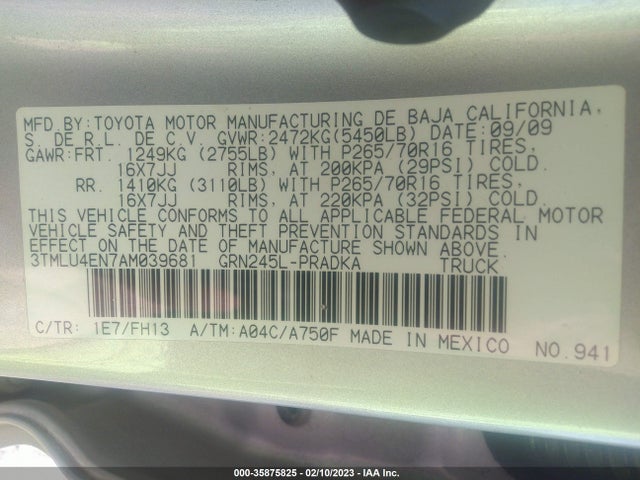 2010 TOYOTA TACOMA VIN: 3TMLU4EN7AM039681