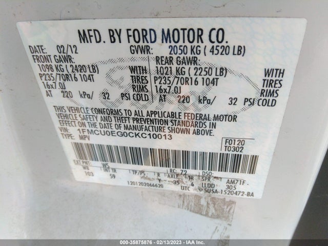 2012 FORD ESCAPE LIMITED VIN: 1FMCU0EG0CKC10013