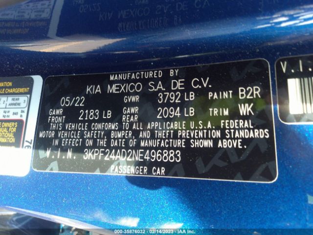 3KPF24AD2NE496883 KIA Forte Lxs