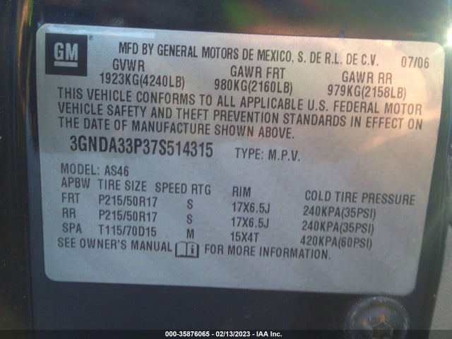 2007 CHEVROLET HHR LT VIN: 3GNDA33P37S514315