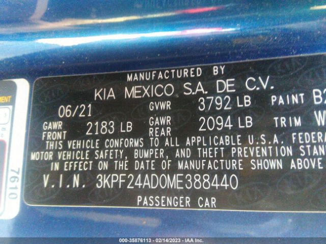 3KPF24AD0ME388440 KIA Forte Lxs