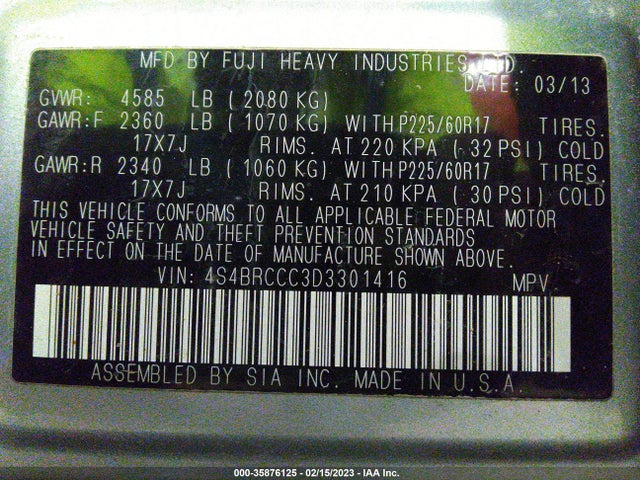 4S4BRCCC3D3301416 Subaru Outback 2.5i Premium