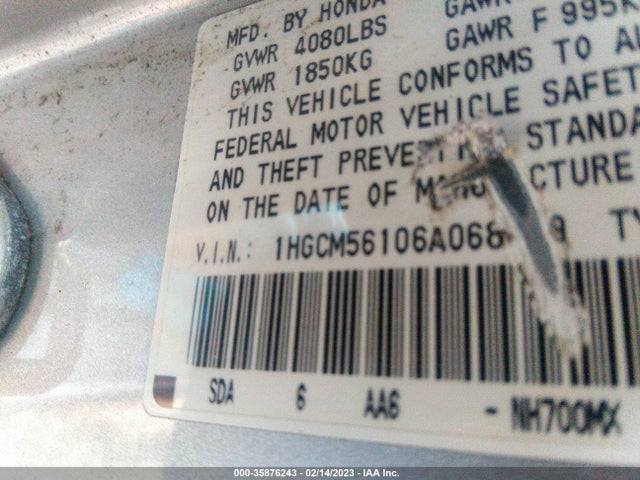 2006 HONDA ACCORD SDN VP VIN: 1HGCM56106A068639
