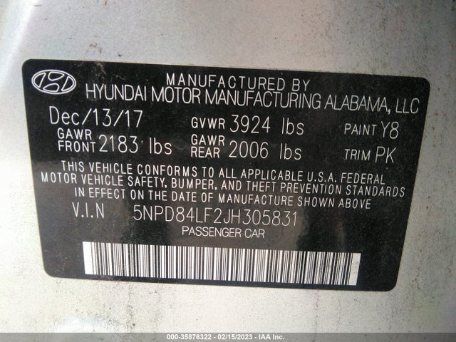 2018 HYUNDAI ELANTRA SEL VIN: 5NPD84LF2JH305831