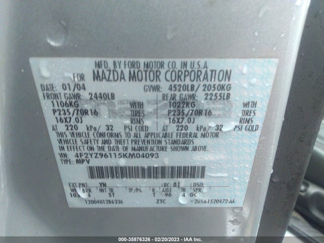2005 MAZDA TRIBUTE S VIN: 4F2YZ96115KM04093