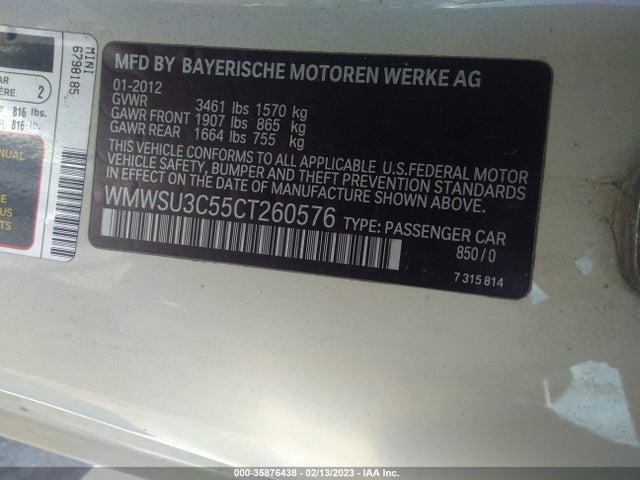 2012 MINI COOPER HARDTOP VIN: WMWSU3C55CT260576