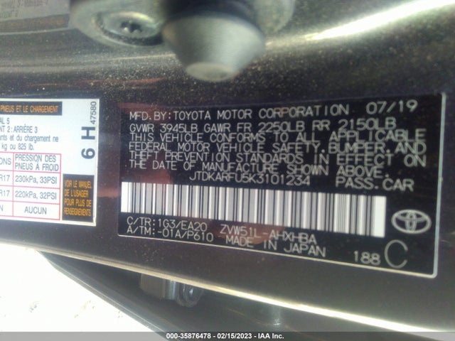 2019 Toyota Prius, VIN: JTDKARFU5K3101234