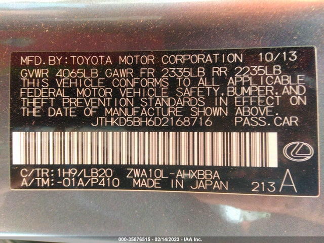 2013 LEXUS CT 200H HYBRID VIN: JTHKD5BH6D2168716