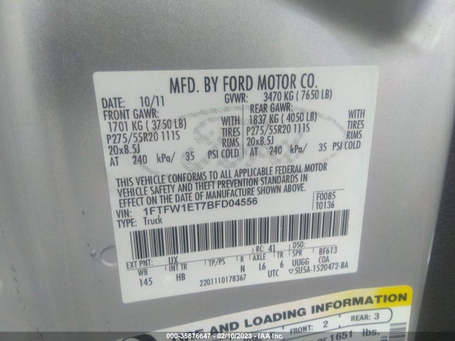 2011 FORD F-150 XLT/FX4/LARIAT VIN: 1FTFW1ET7BFD04556
