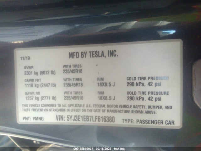 Tesla Model 3 Long Range 2020 5YJ3E1EB7LF616380 Image 10